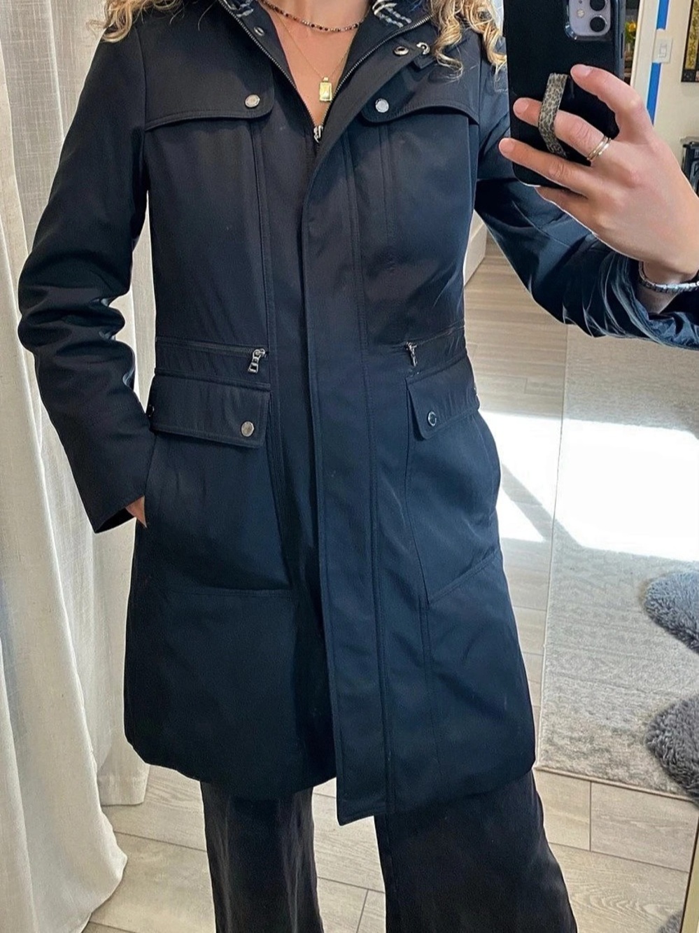 London Fog Plaid-Lined Hooded Coat in Black Like New